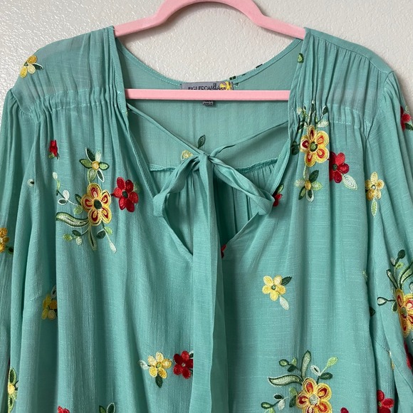 Anthropologie Fig & Flower Top Womens 3X Green Floral Embroidered Tie Neck Boho - Picture 4 of 11